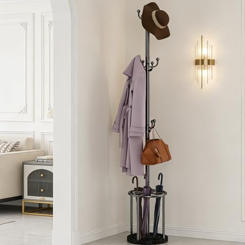 Coat Rack Freestanding, Coat Rack Stand with Umbrella Holder, Coat Tree, Coat Hanger Stand with 12 Hooks for Clothes Bag Hats, Hat Rack Hall Tree Coat Hanger Umbrella Stand for Entryway - color: Black