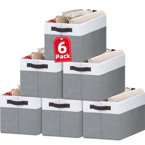 Closet Organizers and Storage Baskets - 6 Pack Shelf Organizer Bins with Handles - Clothes Storage Bins for Bedroom Nursery Home Closet Organization - Blanket Toy Storage Organizer - color: White with Grey, size: 6pcs - Rectangular 14"x10"x9.5"