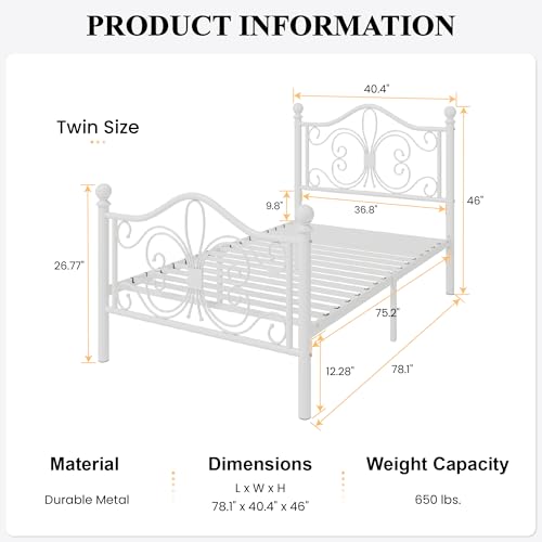 SHA CERLIN Twin Size Metal Bed Frame with Butterfly Headboard, White | Metal Platform Bed for Kids, Wrought Iron-Art Headboard/Footboard, Under-Bed Storage, No Box Spring Needed, Easy Assembly - color: White, size: Twin