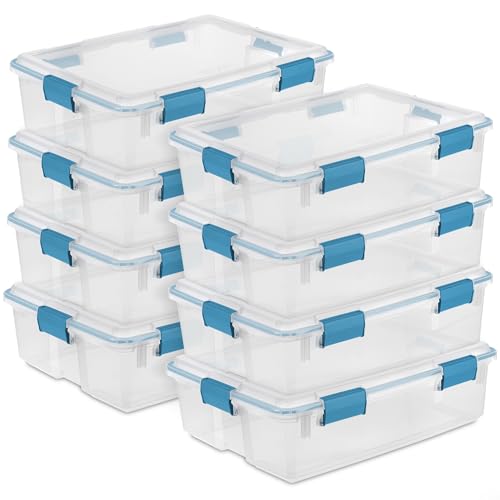 Sterilite Gasket Storage Box with Lids for Home & Office, 37 Quart, 8-Pack | Heavy-Duty, Stackable, and Organizing Containers for Bathroom, Cabinet, Closet, and Garage, Clear and Blue Aquarium Latches - size: 37 Quart, style: 8 Pack