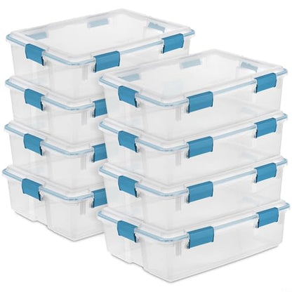 Sterilite Gasket Storage Box with Lids for Home & Office, 37 Quart, 8-Pack | Heavy-Duty, Stackable, and Organizing Containers for Bathroom, Cabinet, Closet, and Garage, Clear and Blue Aquarium Latches - size: 37 Quart, style: 8 Pack