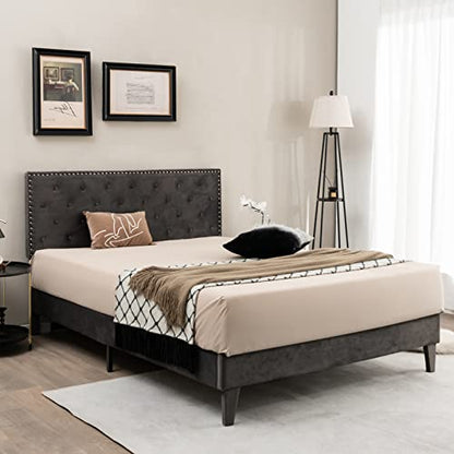 Upholstered Queen Bed Frame, Velvet Mattress Foundation w/Solid Wooden Slats Support, Button Tufted & Nailhead Trim Headboard, No Box Spring Needed, Easy Assembly, Low Platform Bed Frame - size: Queen (U.S. Standard)