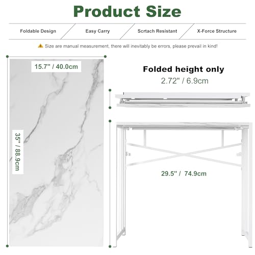 Lutown-Teen 35 inch Folding Small Desk, White Marble | Writing Gaming Computer Camping Desk for Small Spaces, No Assembly Required Home Office Table - color: White Marble, size: 35 Inch