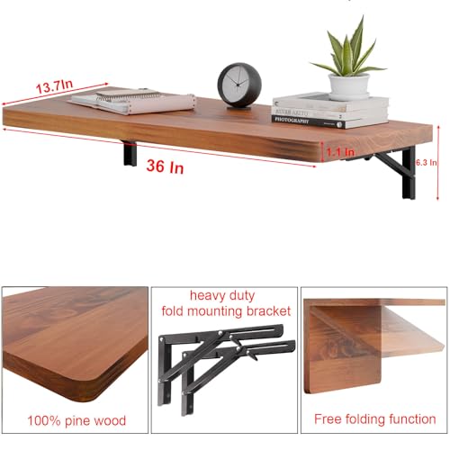 IAE Wall Mounted Folding Table with Pine Wood,36" x 14"Floating Wall Desk | Laundry Folding Table with Shelf Brackets,Fold Down Desk Shelf,Fold Workbench for Apartments,Home,Laundry Room,Kitchen,Teak - color: Teak, size: 36*13.7*6.3 Inch