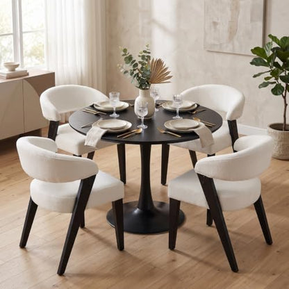 Mid Century Modern Dining Chairs with Arms Set of 2, Upholstered Kitchen & Dining Room Chairs, Barrel Backs/Black Solid Wood Legs, Comfortable Accent Chairs for Living Room, Chenille White - color: White