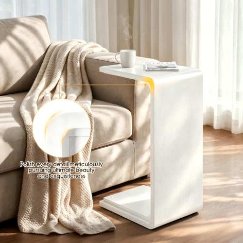 Solid Wood C Shaped Sofa Side Table, Small End Table for Couch, Modern Simple Narrow Table for Small Spaces, Mini Coffee Table for Living Room, Bedroom, Bedside (Whitewash) - color: Whitewash
