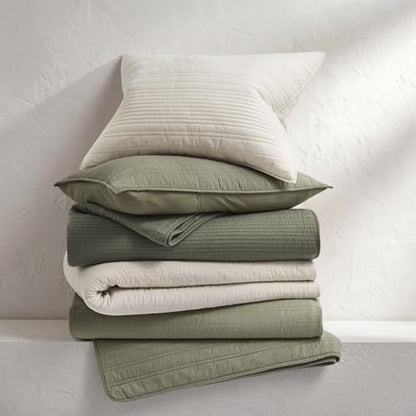 EVERGRACEHOME 100% Cotton Modern Lines Quilt Set King Size, Light Sage | Pre-Washed Soft Cotton, Striped Coverlet Bedspread, 3 Piece Lightweight Bedding Set for All Season, with 2 Pillow Shams - color: Light Sage, size: King (108" X 92")