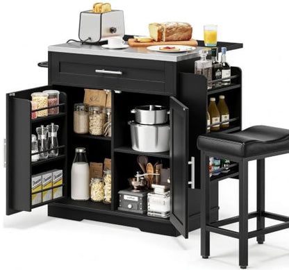 Dripex 41'' Kitchen Islands Foldable with Stainless Steel Top & Seating, Rolling Island Table for Kitchen with Drop Leaf, Bar Stool, Power Outlet, Adjustable Storage Shelves, Spice Rack, Black - color: Black