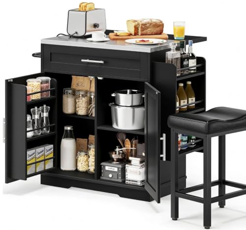 Dripex 41'' Kitchen Islands Foldable with Stainless Steel Top & Seating, Rolling Island Table for Kitchen with Drop Leaf, Bar Stool, Power Outlet, Adjustable Storage Shelves, Spice Rack, Black - color: Black