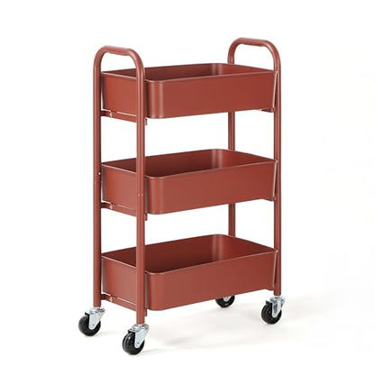 SunnyPoint 3-Tier Delicate Compact Rolling Metal Storage Organizer - Mobile Utility Cart Kitchen/Under Desk Cart with Caster Wheels (RED, 15.35" X 10.24" X 26.8"H) - color: Red