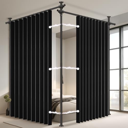 100% Blackout Room Divider Curtains Sets Black 2 Panels W100 x L96in No Drill Curtain Rods(H) 43-120×(W) 35-200 in for Bedroom Privacy Partition Separator - color: Black, size: 100"W x 96"L (Pack of 2)