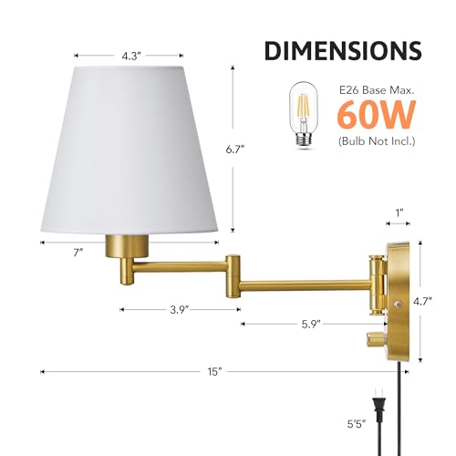 VONLUCE Wall Lamp, Plug in & Swing Arm Wall Sconce, Gold Finish | Modern Wall Lights with White Fabric Shades, Plug in & Hardwired Wall Mounted Light for Bedside, Living Room, Hallway - color: Gold, size: 1 Pack