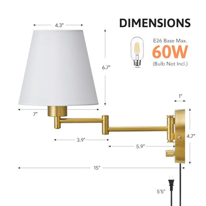 VONLUCE Wall Lamp, Plug in & Swing Arm Wall Sconce, Gold Finish | Modern Wall Lights with White Fabric Shades, Plug in & Hardwired Wall Mounted Light for Bedside, Living Room, Hallway - color: Gold, size: 1 Pack