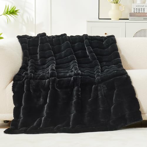 Cozy Bliss Deluxe Sheared Rabbit Faux Fur Throw Blanket, Black 60"x80" | Soft Fuzzy High-Low Sculpted Plush Blanket for Couch, Cozy Home Accent, All Season Use - color: Stripe - Black, size: Twin(60" x 80")