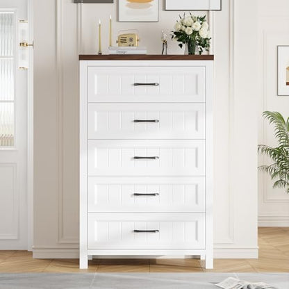 Jocoevol 5 Drawer Dresser for Bedroom - Farmhouse 44.9" Tall Chest of Dresser with Large Storage, Rubst Wood Construction for Living Room, Hallway & Entryway - White (White & Brown) - color: White & Brown