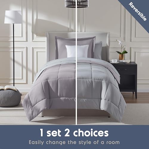 Nestl 5 Piece Twin Comforter Set – Grey Lavender Reversible Bed in a Bag – Complete Twin Size Bedding Set with Sheets, Pillowcase and Sham - color: Grey Lavender, size: Twin