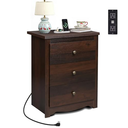 WLIVE Tall Nightstand with Charging Station, Wood Night Stand with 3 Drawers Storage, Bedside Table End Side Tables with 2 USB Ports and Outlets for Bedroom, Closet, Espresso | 3 Drawers Storage, Power Outlets(2AC+2USB), Easy Assembly, Premium Eco-friendl