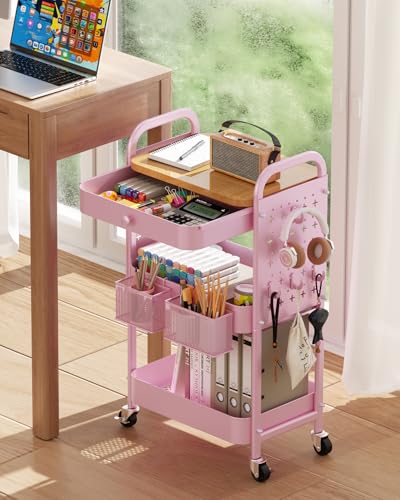 ALVOROG 3 Tier Metal Rolling Cart with Drawer,Wood Top,Pegboards,Pink | Storage Utility Cart with Drawers,Pegboards,Lockable Wheels,Baskets,Hooks for Kitchen,Office,Bedroom,DIY Supplies - color: Cherry Blossom Pink