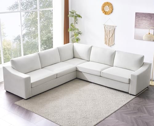 Convertible Sectional, L-Shaped Couch with Extra Deep Seats, Natural Linen Fabric Comfy Modern Corner Sofa for Living Room, Office, White - color: White, size: 112 Inch - V Shaped(5 Seat)