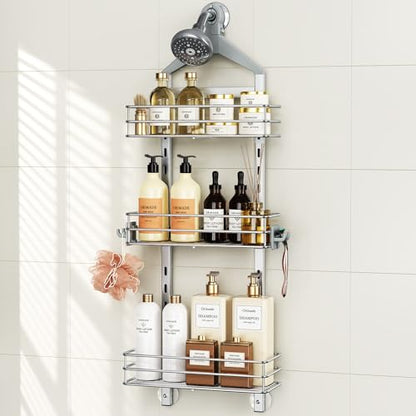 Orimade Aluminum Hanging Shower Caddy Over Head, Adjustable Anti-Slip Bathroom Shelves with Hooks, Rustproof Shower Organizer Storage Rack, Silver 3 Tier - color: Polished Silver - 3 Tier