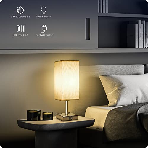 Bedside Lamp with USB Ports - Touch Control Table Lamp for Bedroom with USB C+A Charging Ports & AC Outlets, 3 Way Dimmable Nightstand Light for Living Room (LED Bulb Included, Chrome - Flaxen) - color: Chrome - Flaxen