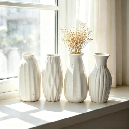 Set of 4 Small White Ceramic Vases Table Flower Vase Modern Decorative Vases for Pampas Grass, Small Vase for Home Living Room Dining Table Farmhouse Office Decor-4.9inch High