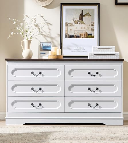 6 Drawer Dresser for Bedroom White Bedroom Dresser 55" Wide Wooden Cabinet | Farmhouse Wood Chest of Drawers , Modern Rustic Drawers Dressers Wooden Closet and Storage Cabinet, Hallway, Living Room - color: White, size: 15.7"D x 55"W x 30.8"H (6 Drawers)
