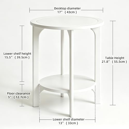 White Solid Wood Round Side Table for Living Room, Bedroom | 2-Tier Wooden End Tables, Mid Century Modern Circular Nightstand Bedside Table, Easy Assembly (White) - color: White