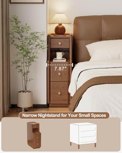 Solid Wood Narrow Nightstand with 3 Drawers,Modern Walnut,Fully Assembled | Narrow night stand,gold handles,open Shelf,skinny bedside table,slim nightstand for bedroom storage,space-saving storage - color: Walnut（15.75"d X 7.87"w X 23.62"h）