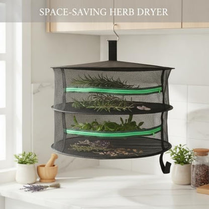 Collapsible Hanging Dryer with Zippered Mesh Layers, Space-Saving Foldable Air Drying Rack for Kitchen, Balcony, and Laundry (Black) - size: 23.62 x 23.62 x 21.65 in