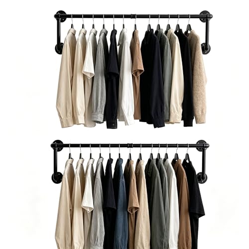 Industrial Pipe Clothing Rack, Hanging Clothes Rod, Wall Garment Rack | Heavy Duty Space Saving Clothes Bar, Metal Clothing Hanging Rails for Closet Home Bedroom Retailer Laundry, Black, 2Pcs