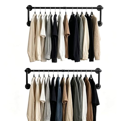 Industrial Pipe Clothing Rack, Hanging Clothes Rod, Wall Garment Rack | Heavy Duty Space Saving Clothes Bar, Metal Clothing Hanging Rails for Closet Home Bedroom Retailer Laundry, Black, 2Pcs