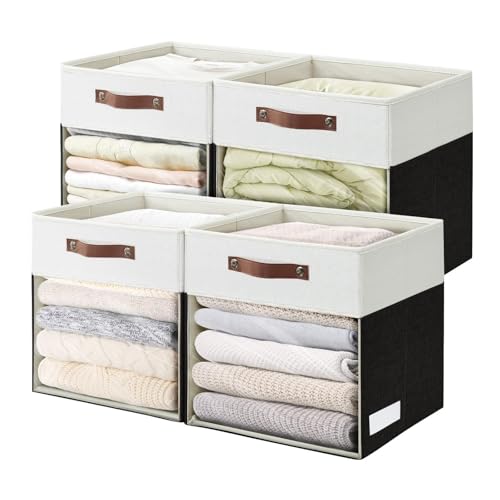 Storage Cubes, 4 Pack Linen Foldable Storage Bins with Clear Window and 2 Handles, 13x15x13 Storage Cube Bins for Shelf Closet, Kallax, Clothes, Books - (Black / Off-White) - color: Black / Off-White, size: 13 x 15 x 13