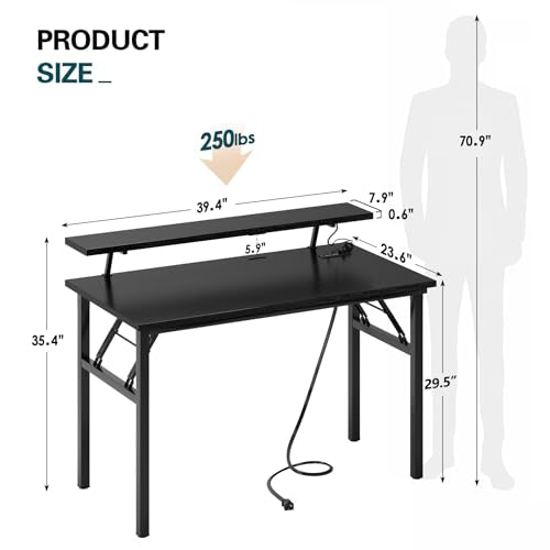 DlandHome 39" Computer Desk with Power Outlets & LED Lights, Black, Bedroom | Folding Desk with Monitor Stand, Writing Study Table Gaming Desk, Metal Frame, Fully Assembled, Home Office Small Spaces - color: Black + Black, size: 39 Inches + Outlets