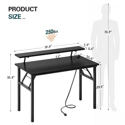 DlandHome 39" Computer Desk with Power Outlets & LED Lights, Black, Bedroom | Folding Desk with Monitor Stand, Writing Study Table Gaming Desk, Metal Frame, Fully Assembled, Home Office Small Spaces - color: Black + Black, size: 39 Inches + Outlets