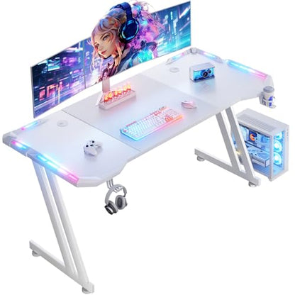 HLDIRECT 63 Inch Gaming Desk with App-Controlled RGB LED Lights, White | Z-shaped frame design, cup holder, headphone hook, cable management & mouse pad, for dual-monitor gaming and work setup - size: 63 INCH WHITE
