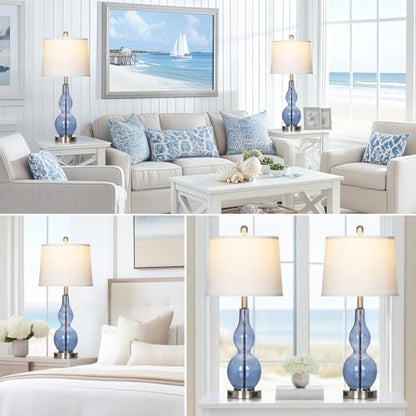 Rinweey 27.5" Coastal Blue Glass Double Gourd Table Lamp Set of 2,3-Way Dimmable Touch Control Bedside Lamps with USB Ports and AC Outlet, Nautical Nightstand Lamps for Bedroom Living Room - color: Blue