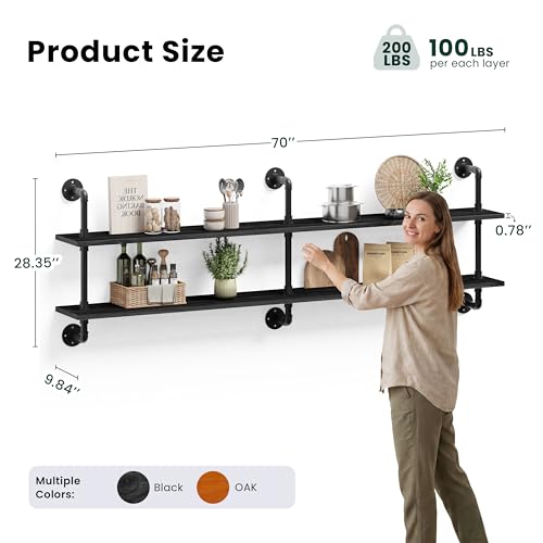 HDDFER Floating Shelves Wall Bookshelf Industrial Pipe Shelving Shelves Real Wood Planks 70 inch Rustic Wall Shelves Hanging Bookshelves Farmhouse Kitchen Bar Shelving - color: Black, size: 2Tier70in