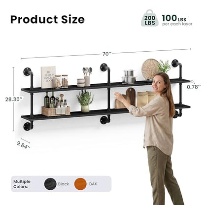 HDDFER Floating Shelves Wall Bookshelf Industrial Pipe Shelving Shelves Real Wood Planks 70 inch Rustic Wall Shelves Hanging Bookshelves Farmhouse Kitchen Bar Shelving - color: Black, size: 2Tier70in