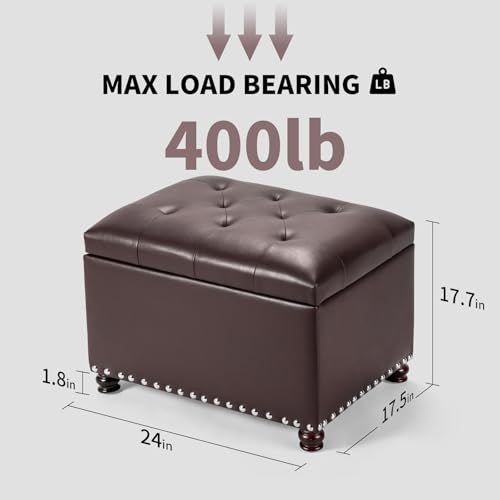 Faux Leather Storage Ottoman Bench Rectangle 24 Inch Foot Rest Ottomans (Brown) - color: Brown