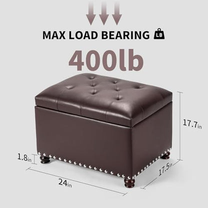 Faux Leather Storage Ottoman Bench Rectangle 24 Inch Foot Rest Ottomans (Brown) - color: Brown