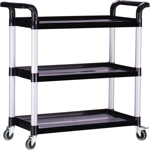 PELOEMNS Plastic Utility Carts with Wheels, Heavy Duty 510lbs Capacity Rolling Service Cart, 3-Tier Restaurant Food Cart with Hammer for Office, Warehouse, Garage (Lockable Wheels, Black)