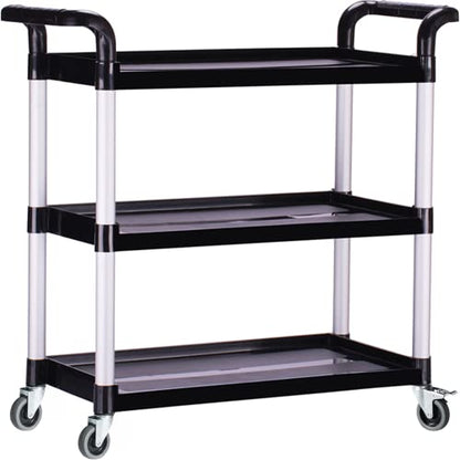 PELOEMNS Plastic Utility Carts with Wheels, Heavy Duty 510lbs Capacity Rolling Service Cart, 3-Tier Restaurant Food Cart with Hammer for Office, Warehouse, Garage (Lockable Wheels, Black)