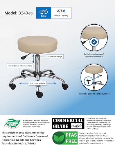 Boss Office Products Be Well Medical Spa Stool in Beige, 250 (B240-BG) - color: Beige, style: No Back Cushion