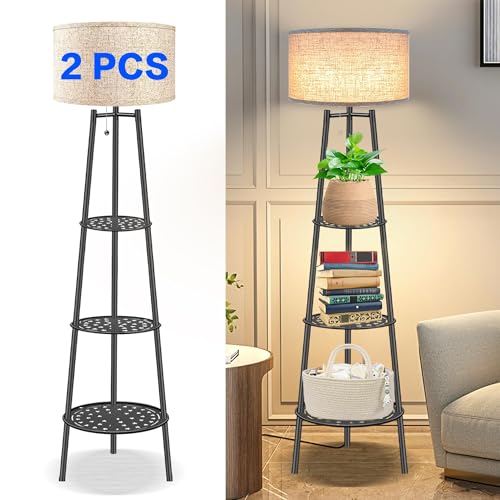 ZQQLITE 2 PCS Black Floor Lamp with Shelves for Living Room， Standing Lamp，Tall Lamp， Amparas Elegantes para Sala with Linen Shade，Modern Floor Lamp for Living Room，Bedroom or Office（Black ） - color: Black-2PCS