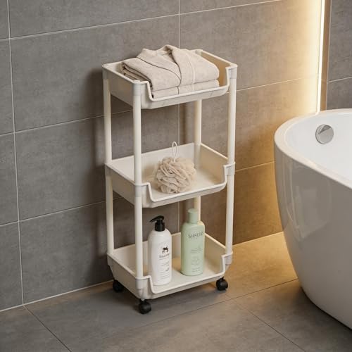 3-Tier Rolling Storage Cart, White Plastic, Slim Organizer for Kitchen, Bathroom, and Office, 11 x 7.5 x 44 Inches