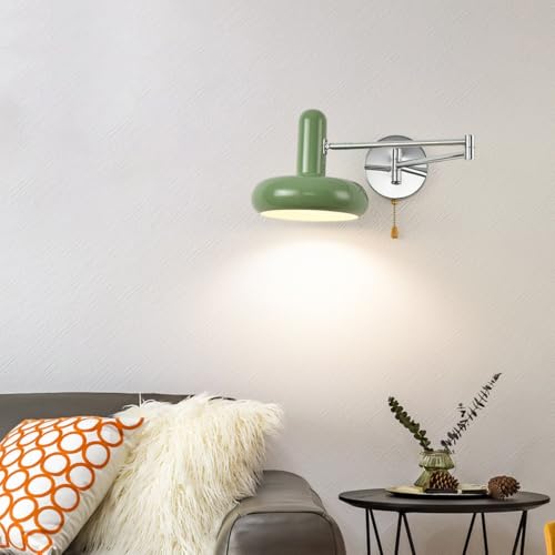 Wrought Iron Swing Arm Wall Sconce Mid Century Modern Wall Light with Pull Chain Switch 180 Degree Adjustable Bedside Reading Lamp for Bedroom Study E26 Base(White) - color: White