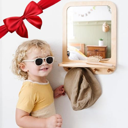 Montessori Wooden and Acrylic Wall Mirror with Hooks for Toddlers - Entryway Mirror with Hooks and Shelf Organizer Self-Care Station