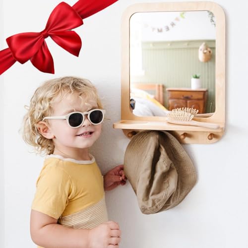 Montessori Wooden and Acrylic Wall Mirror with Hooks for Toddlers - Entryway Mirror with Hooks and Shelf Organizer Self-Care Station