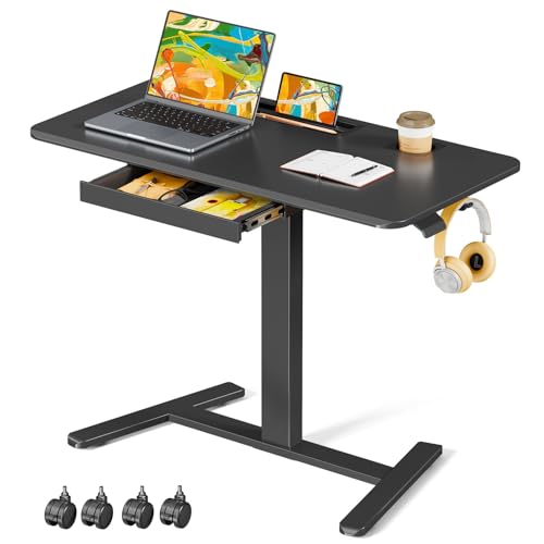 40"×20" Mobile Desk with Drawer, Rolling Desk with Storage | Height Adjustable Portable Laptop Desk on Wheels, Small Computer Desk with Cup Holder and Hooks for Study & Work, Black - color: Black, size: 40"